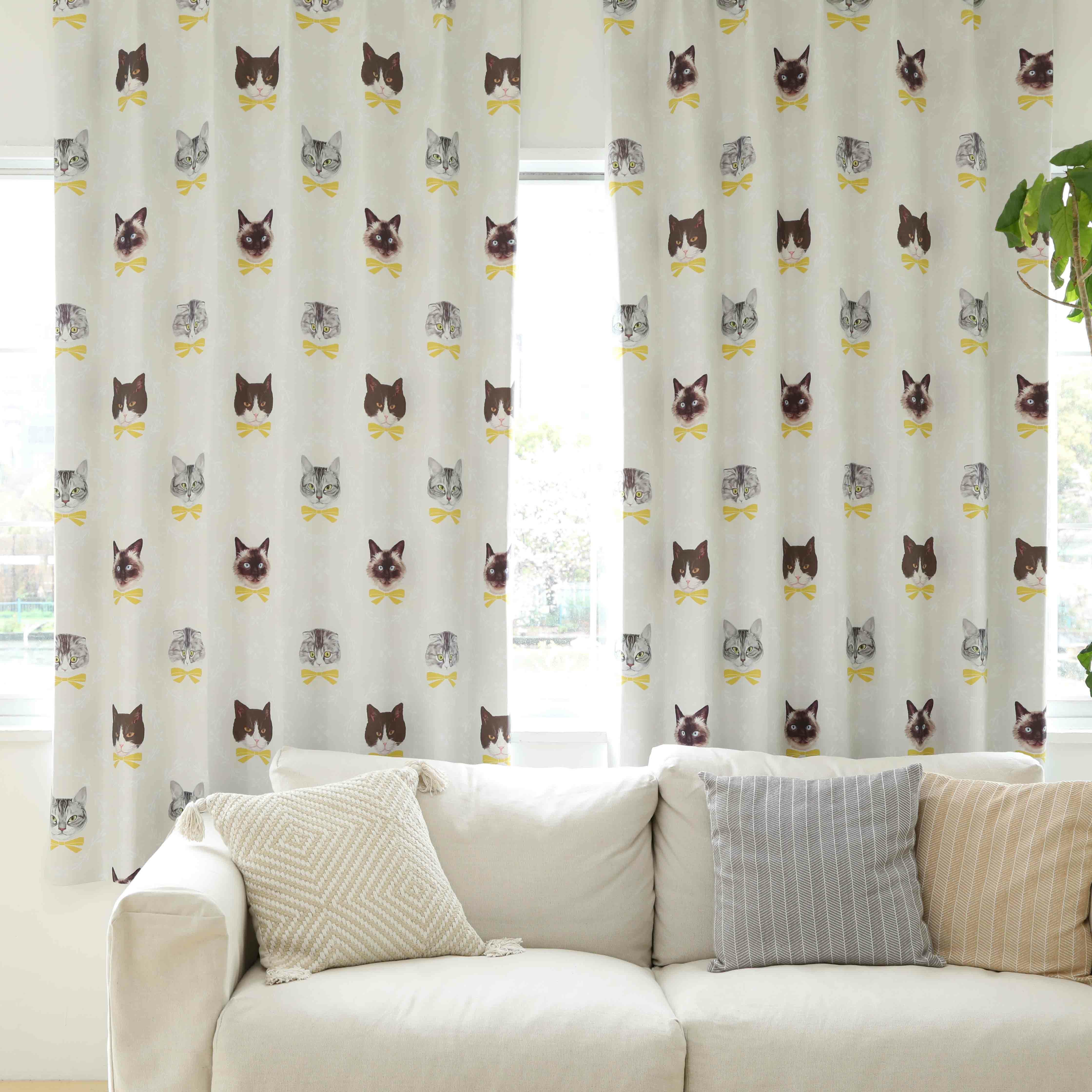 オメカシネコ】 遮光2級 洗濯可 猫柄 ドレープカーテン | おしゃれな