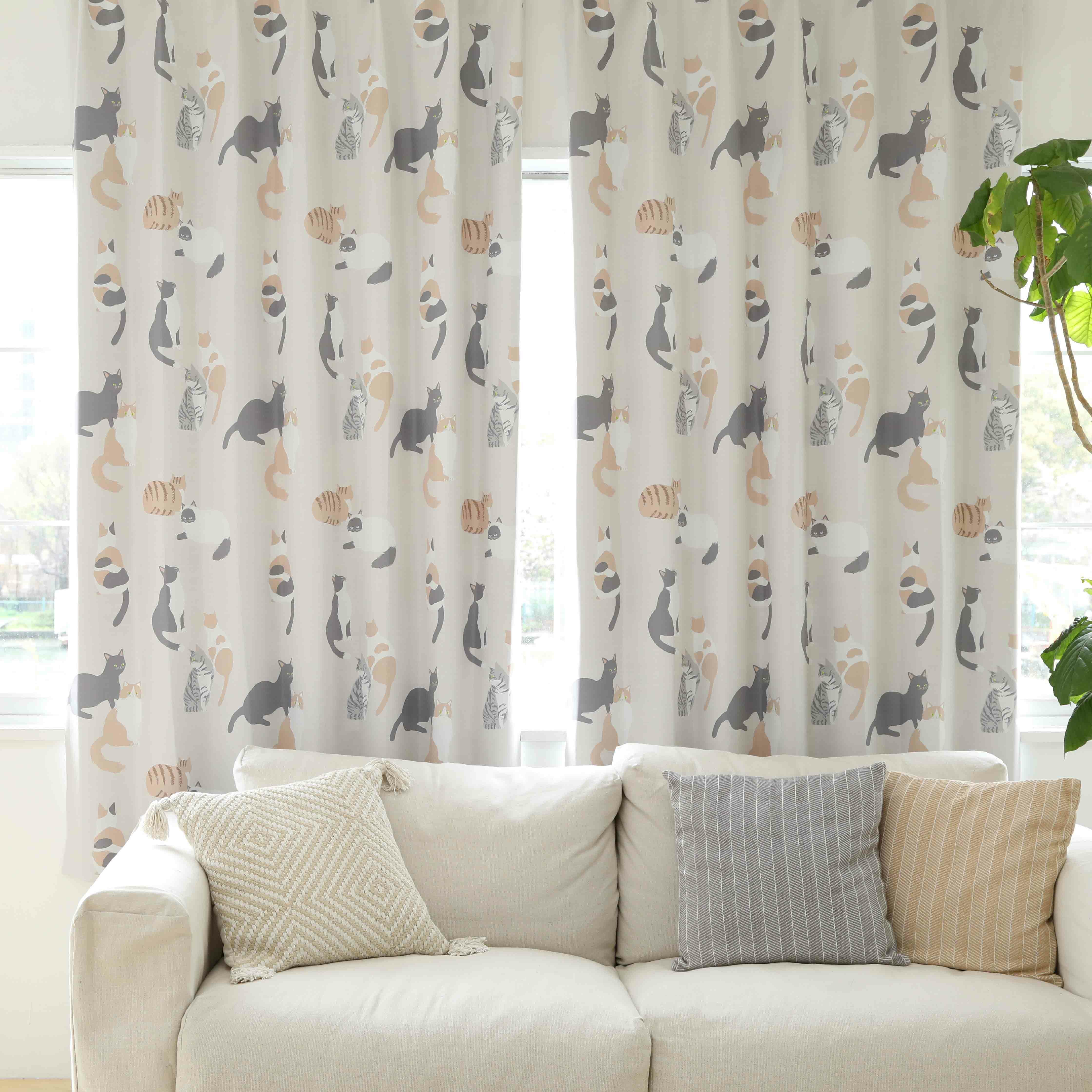 ネコノアツマリ】 選べる2色 遮光2級 洗濯可 猫柄 ドレープカーテン