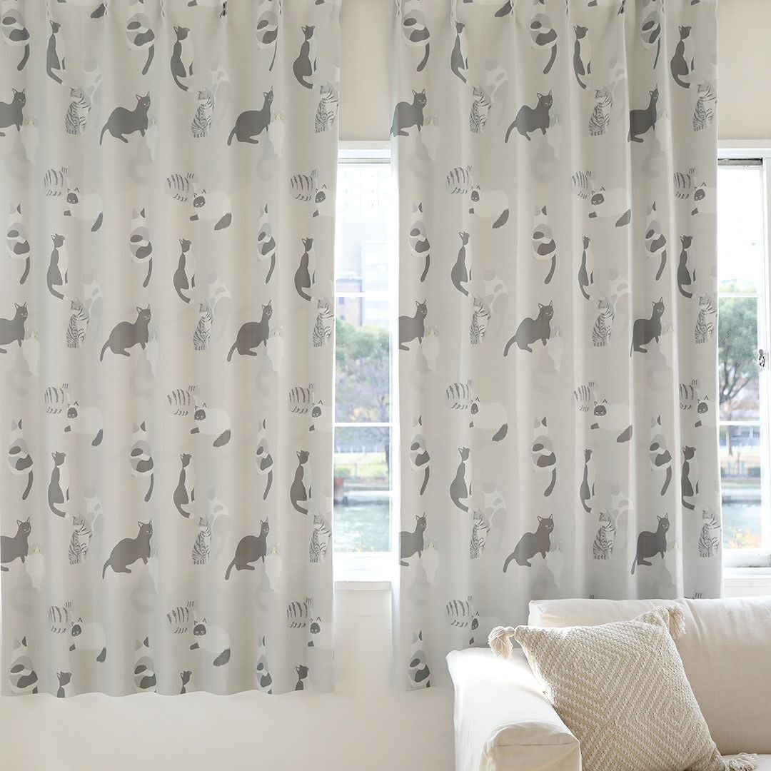 ネコノアツマリ】 選べる2色 遮光2級 洗濯可 猫柄 ドレープカーテン