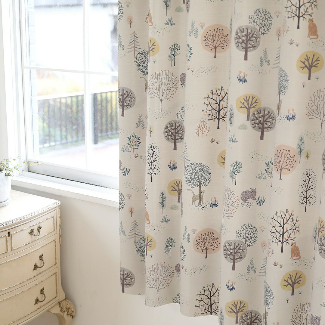 ネコトモリト】【pretty style】 遮光2級 洗濯可 猫柄 植物柄 ドレープ