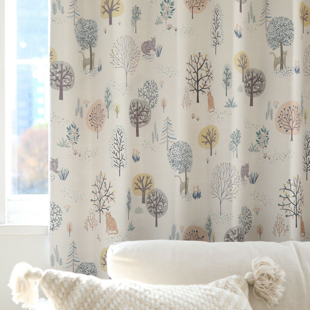 ネコトモリト】【pretty style】 遮光2級 洗濯可 猫柄 植物柄 ドレープ