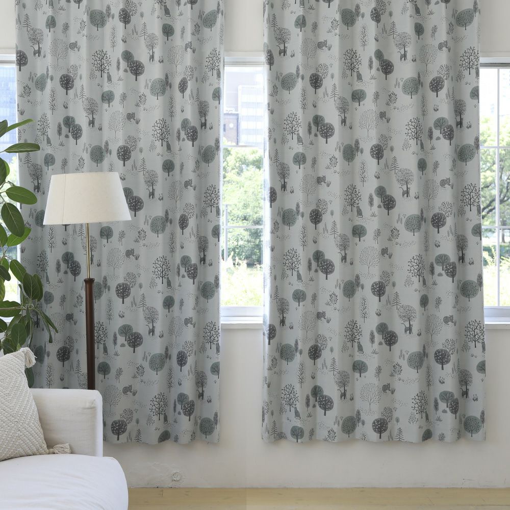 ネコトモリト】【pretty style】 遮光2級 洗濯可 猫柄 植物柄 ドレープ